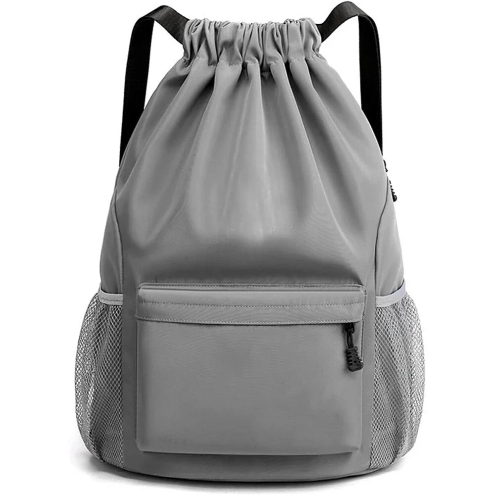 Sports Drawstring Backpack String Swimming Gym Bag with Shoes Grey